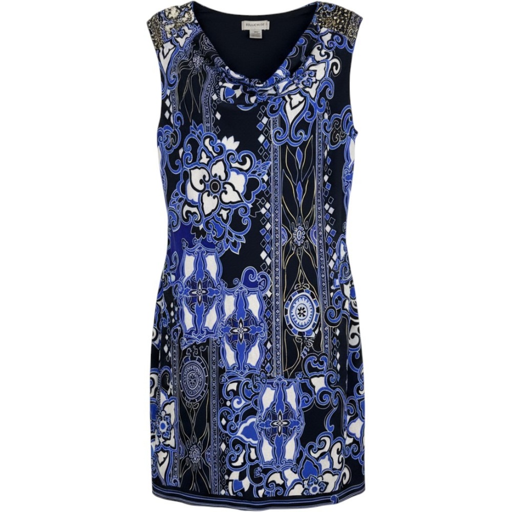 Vintage Cache Cowl Neck Sheath Dress Size M Blue Black White Baroque Embellished